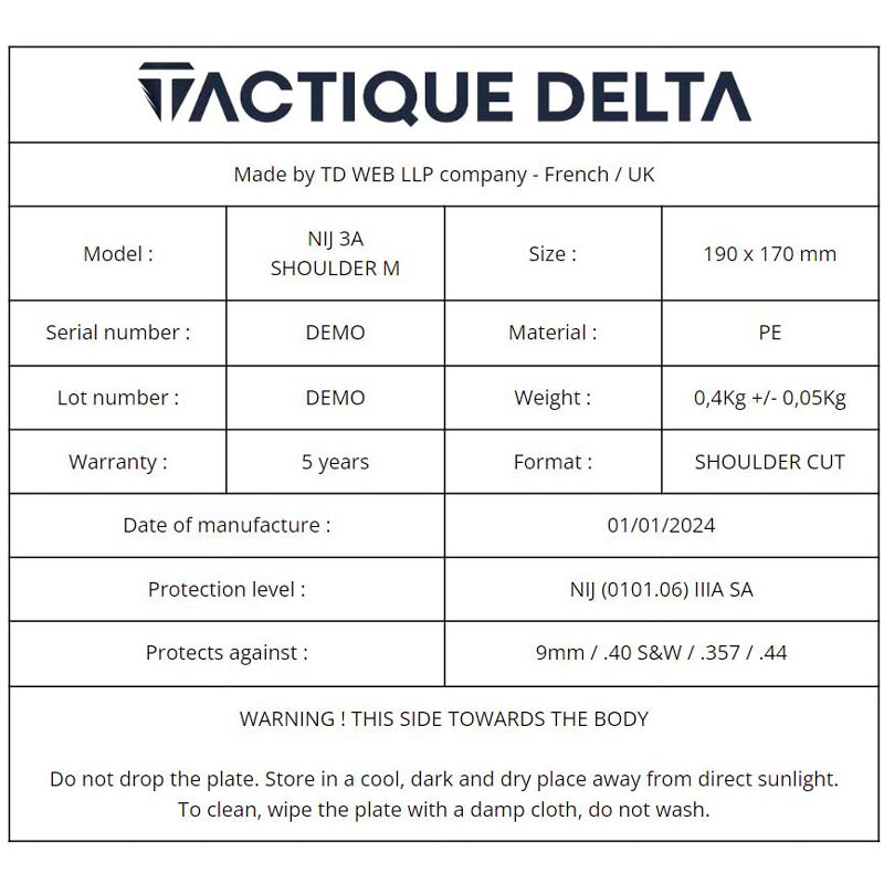 plaque balistique épaule caractéristique m