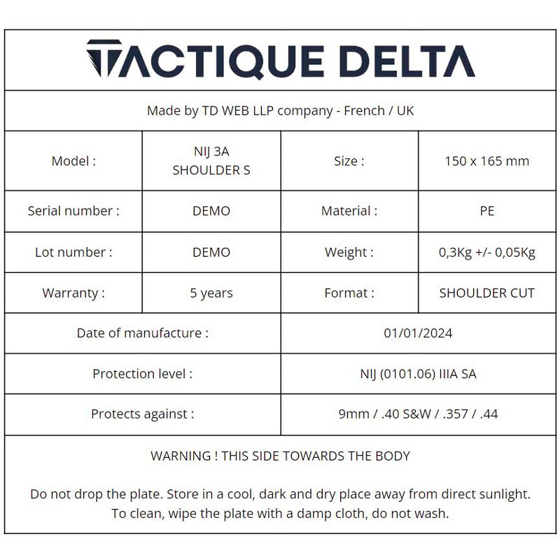 plaque balistique épaule caractéristique s