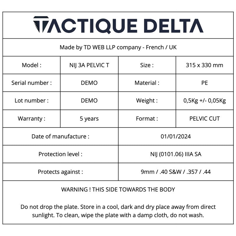 plaque balistique pelvienne caractéristique taille triangle